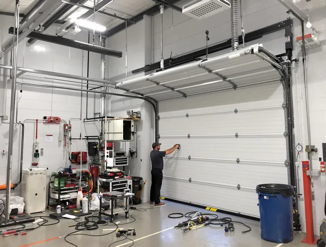 Hanson Garage Door Repair certified technician performing commercial door repair at a Hanson business facility
