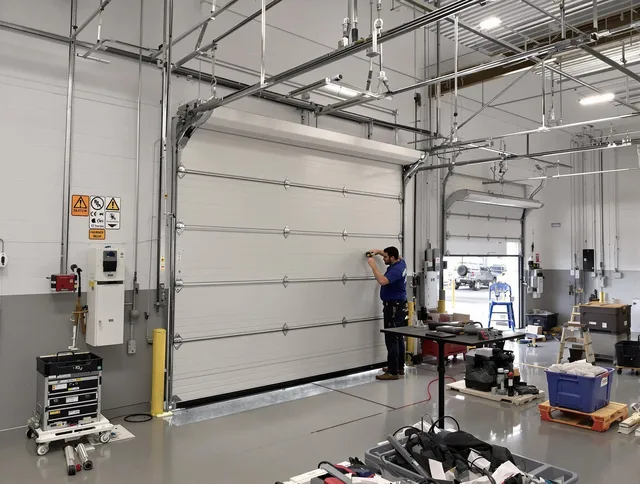 Commercial garage door repair being performed by Hanson Garage Door Repair expert in Hanson
