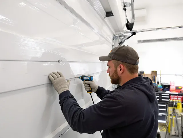 Hanson Garage Door Repair technician demonstrating precision dent removal techniques on a Hanson garage door