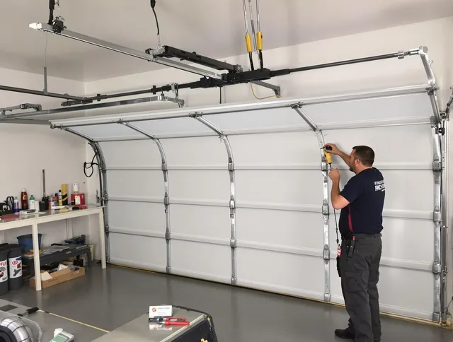 Hanson Garage Door Repair certified technician performing overhead door system repair in Hanson