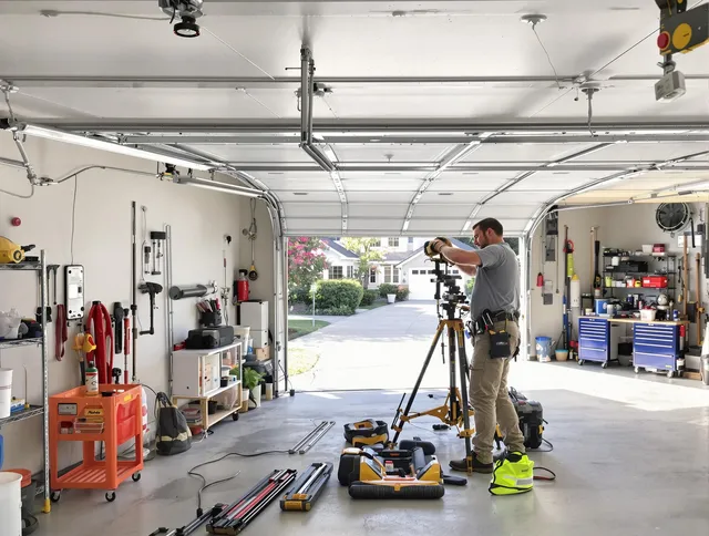 Hanson Garage Door Repair specialist performing laser-guided track alignment in Hanson
